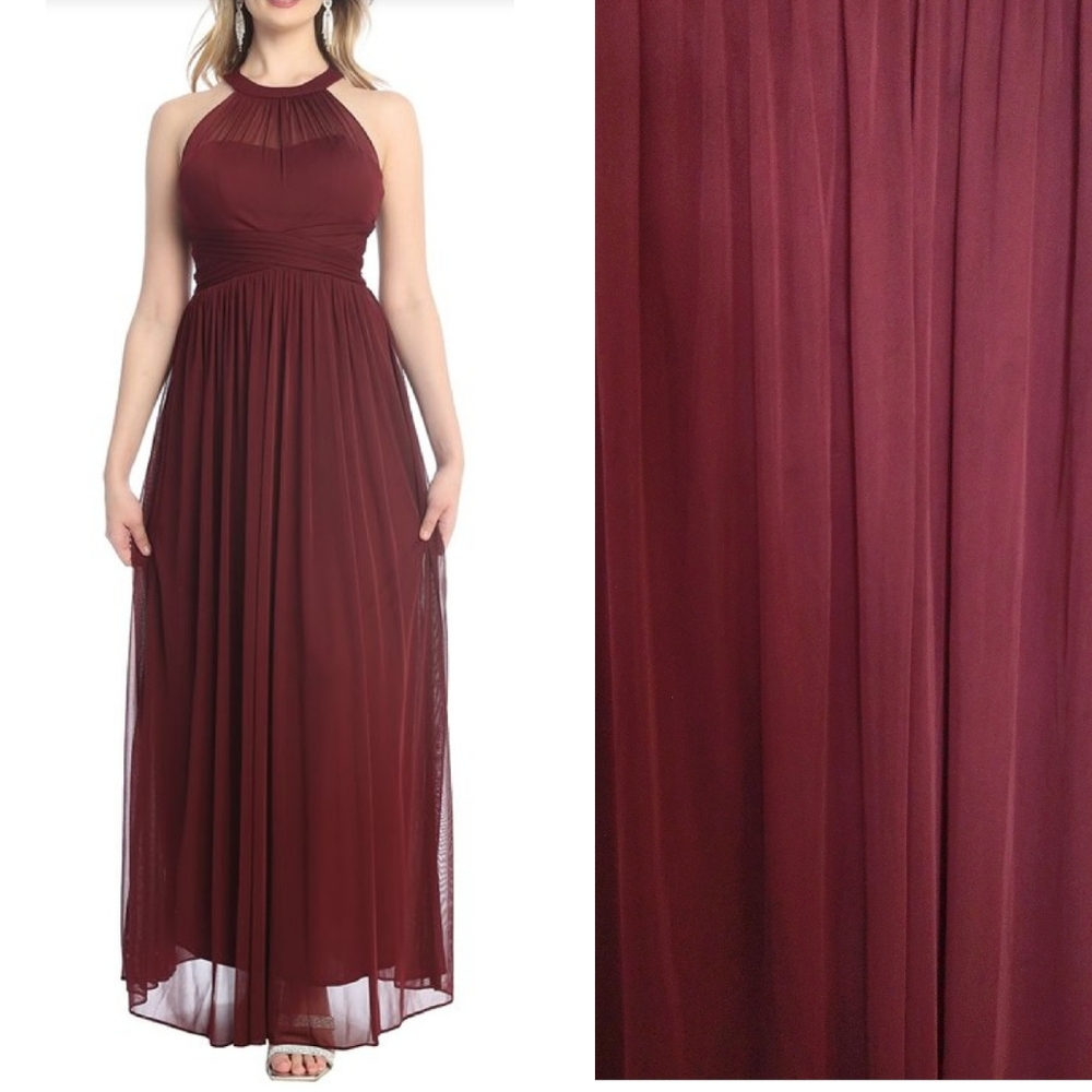Cindy Collection Burgundy Halter Bridesmaid Chiffon Maxi Dress XL With Sash